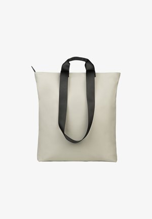 Borsa a spalla di colore grigio chiaro, realizzata in materiale liscio con forma rettangolare, dotata di manici in tessuto nero e chiusura con zip nella parte superiore.