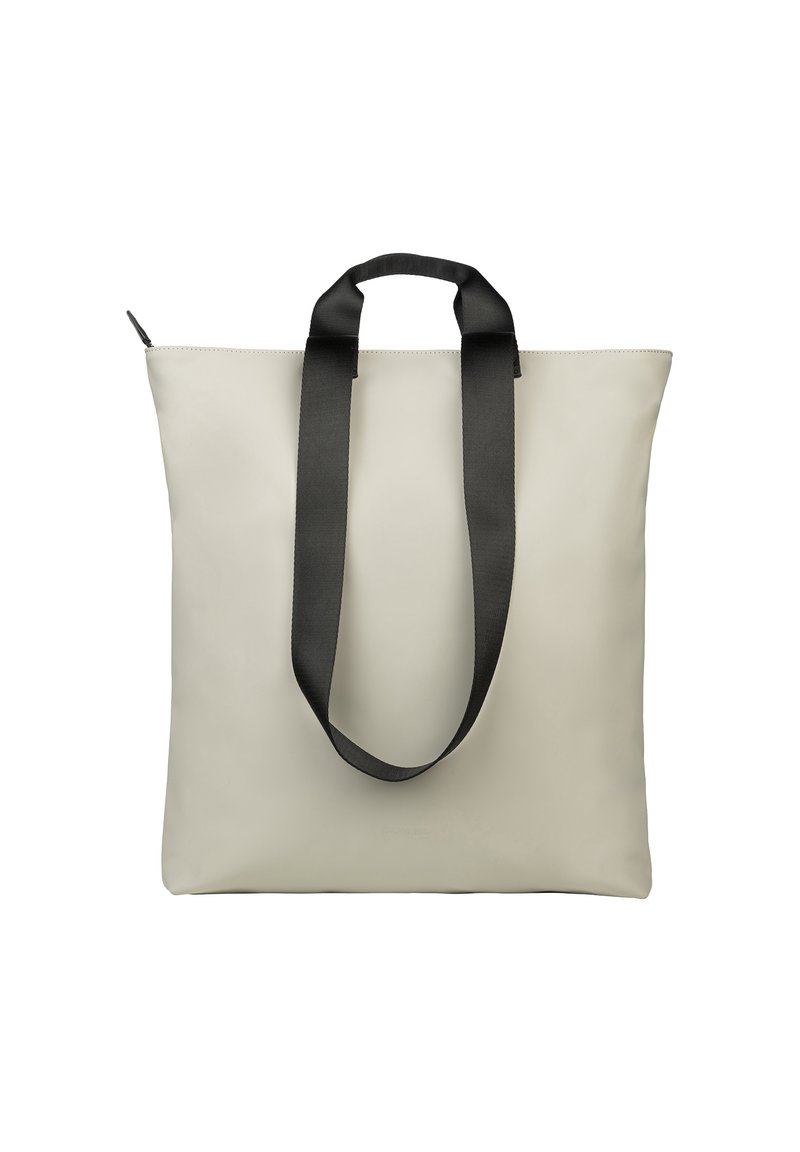 Sac fourre-tout en gris clair, fabriqué à partir d'un matériau lisse avec une forme rectangulaire, doté de poignées en tissu noir et d'une fermeture éclair sur le dessus.