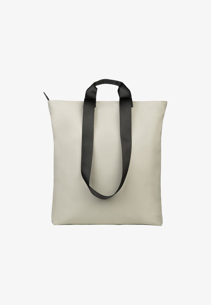 Tote bag in lichtgrijs, gemaakt van soepel materiaal met een rechthoekige vorm, met zwarte stoffen handvatten en een ritsluiting aan de bovenkant.