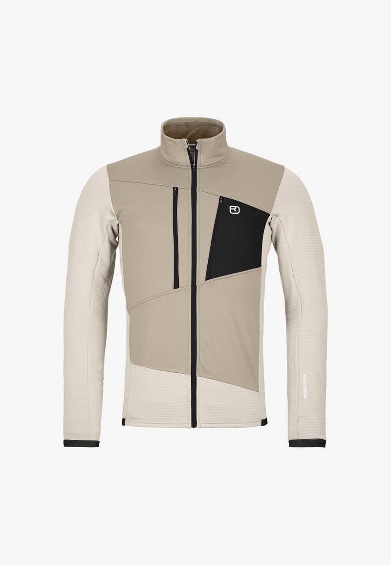 Beige Jacke mit schwarzen Akzenten, hohem Kragen, Reißverschlusstasche auf der Brust, strukturierten Ärmeln und einem geometrischen Design auf der Vorderseite.