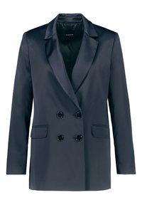 Blazer de satén azul marino con cierre de botones dobles, solapas con muesca y dos bolsillos frontales. Textura suave con un ajuste entallado.