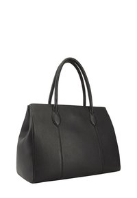Zwarte leren tote bag met twee stevige handvatten, rechthoekige vorm, textuur oppervlak en zichtbare stiksels.