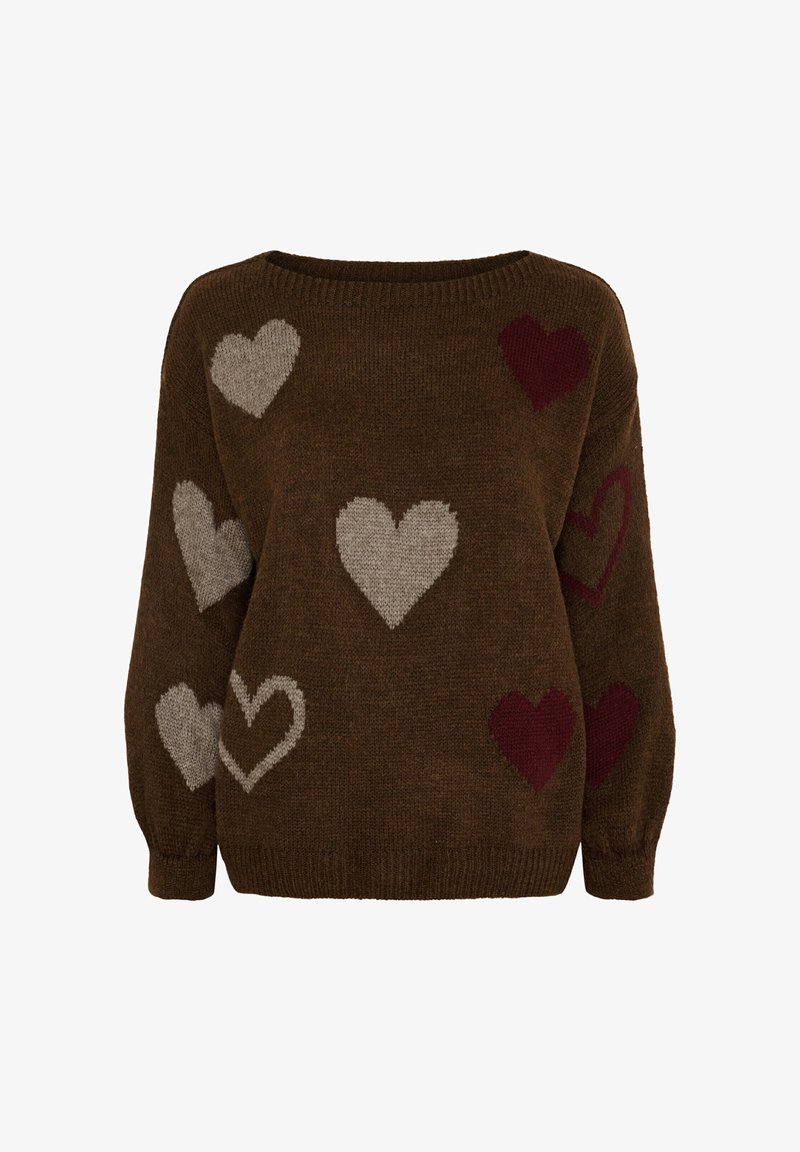 Brun strikket sweater med forskellige hjerte mønstre i lys grå og mørkerød. Rund halsudskæring og løs pasform med ribbede manchetter.