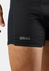 Black swim shorts made of stretchy material, featuring ribbed side panels and COOLMAX branding near the hem. Smooth texture.