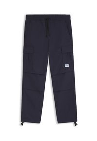 Navy cargo pants made from a lightweight fabric, featuring an elastic waistband, drawstring, multiple pockets, and ankle zippers.