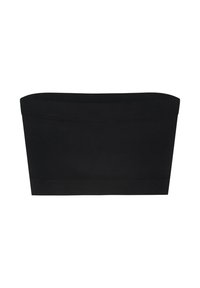 Top bandeau nero senza spalline realizzato in tessuto liscio, con scollatura dritta e un design aderente e senza cuciture. Nessuna hardware o motivo visibile.