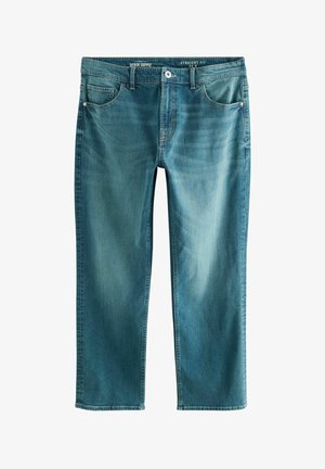 Gerade geschnittene Denim-Jeans in einem mittleren Blauton, mit fünf Taschen, einem Knopfverschluss und subtilen Ausbleichungen.