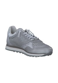 Gray leather sneaker with perforated design, round toe, textured heel, and gray laces. White sole features a subtle tread pattern.