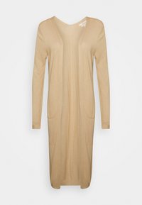 Długi, beżowy kardigan wykonany z miękkiej tkaniny, z dekoltem w serek, długimi rękawami i dwoma przednimi kieszeniami. Gładka faktura, otwarty przód.