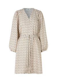 Blumengemustertes Kleid aus hellrosa Stoff, mit V-Ausschnitt, langen Puffärmeln und einer gebundenen Taille für eine verstellbare Passform.