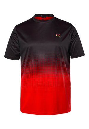 Sort til rød gradient kortærmet sports T-shirt med prikket mønster og lille multifarvet "J π" logo på øverste venstre bryst.