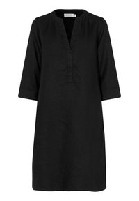 Schwarze Leinen-Tunika mit lockerer Passform, die einen Schlitzkragen und Dreiviertelärmel aufweist. Glatte Textur mit einem einfachen, schlichten Design.