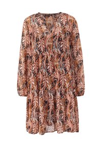 Robe à manches longues, longueur genou, avec jupe à volants, imprimé de feuilles marron, orange et blanc sur fond noir.