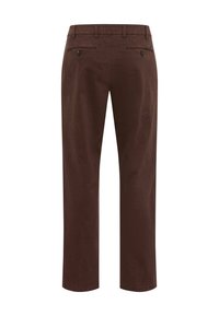 Braune Baumwollhose mit geradem Schnitt, ausgestattet mit zwei Gesäßtaschen mit Knopfverschluss und einer glatten Textur.