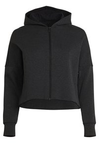 Sweat à capuche court gris foncé avec fermeture éclair, manches longues, capuche attachée et détails subtils de rayures verticales sur la poitrine.