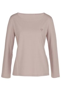 Długi rękaw fioletowej koszulki wykonanej z miękkiego materiału, z okrągłym dekoltem oraz małym logo na piersi. Prosty, minimalistyczny design.