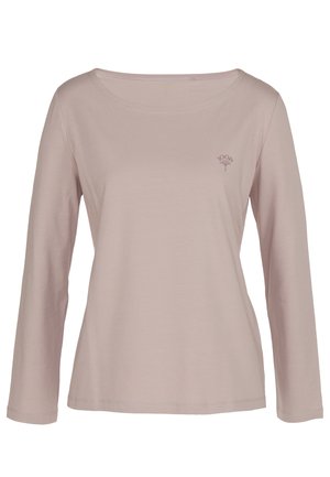 Długi rękaw fioletowej koszulki wykonanej z miękkiego materiału, z okrągłym dekoltem oraz małym logo na piersi. Prosty, minimalistyczny design.