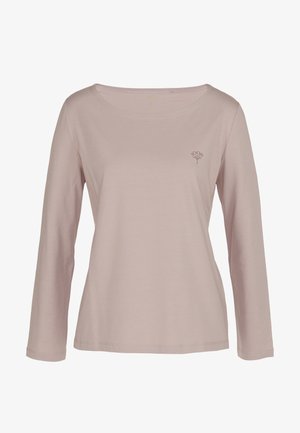 Langærmet T-shirt i mauve lavet af blødt stof, med rund halsudskæring og lille logodetalje på brystet. Enkel, minimalistisk design.