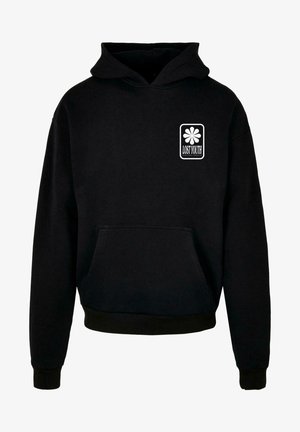 Schwarzer Kapuzenpullover mit einer geräumigen Vordertasche. Mit einem weißen Grafikdesign einer Blume und dem Text "LOST YOUTH" auf der linken Brust.