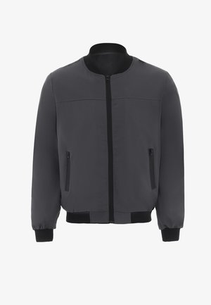 Gray bomber jacket with a zip front, ribbed cuffs and hem, and two zippered side pockets. Made from a smooth, lightweight fabric.