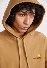 Brown cotton hoodie with a drawstring and embroidered logo. Features a spacious hood and soft texture, designed for comfort.
