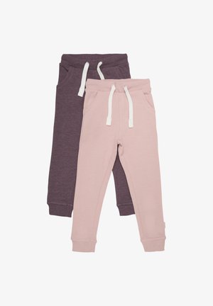 Twee paar joggingbroeken: één in donkerpaars en één in lichtroze. Beide hebben witte trekkoorden en enkelsluiting. Gemaakt van een katoenmix.