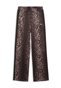 Αθλητικό παντελόνι με ελαστική μέση, εμπρός με μαύρο και καφέ σχέδιο λεοπάρδαλης, μονόχρωμες μαύρες πλαϊνές ταινίες και μικρό λευκό λογότυπο Puma στο δεξί μηρό.