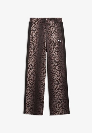 Spodnie sportowe z elastycznym paskiem w talii, czarno-brązowy przód w cętki lamparta, jednolite czarne boczne panele oraz małe białe logo Puma na prawej udzie.