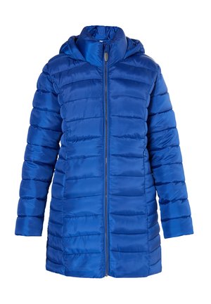 Jachetă puffer albastră cu glugă, cu un design matlasat, închidere cu fermoar și o textură lucioasă, netedă. Mâneci lungi cu o siluetă ajustată.