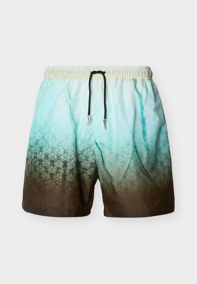 Shorts de bain dégradés bleu clair et marron avec un motif diamant subtil et un cordon noir à la taille élastique blanche.