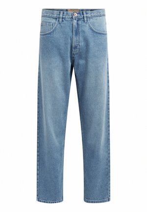 Light blue denim jeans with a straight-leg cut, five-pocket design, and a top button closure. Fabric has a subtle wash and smooth texture.