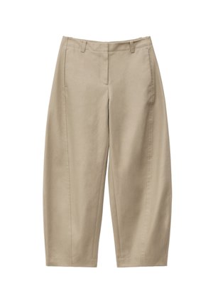 Beige cropped straight-leg trousers with belt loops, side pockets, and a front zipper closure, laid flat on a white background.