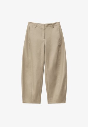 Beige cropped straight-leg trousers with belt loops, side pockets, and a front zipper closure, laid flat on a white background.