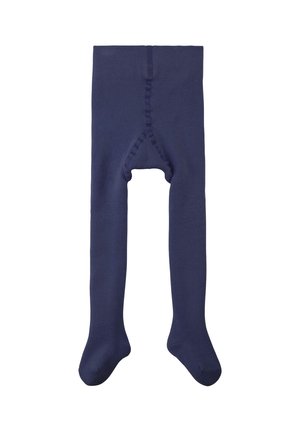 Marineblauwe gebreide kinderpanty's met voetbedekking en een brede tailleband, plat gelegd op een witte achtergrond.