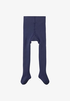 Marineblauwe gebreide kinderpanty's met voetbedekking en een brede tailleband, plat gelegd op een witte achtergrond.