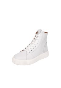 Sneaker alte in pelle bianca con suola in gomma testurizzata e cuciture tonali. Presentano una chiusura con lacci e un colletto imbottito.