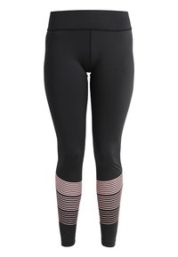 Czarne legginsy sportowe z szerokim pasem i różowym paskiem na dolnej części nóg. Wykonane z elastycznego, odprowadzającego wilgoć materiału.