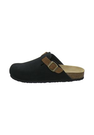 Black slip-on clog with brown adjustable buckle strap and contoured cork footbed, side view on white background.