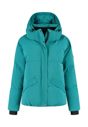 Teal geïsoleerde winterjas met capuchon, voorkant rits, drukknoopsluiting, schuine voorzakken en zwarte binnenmanchetten.