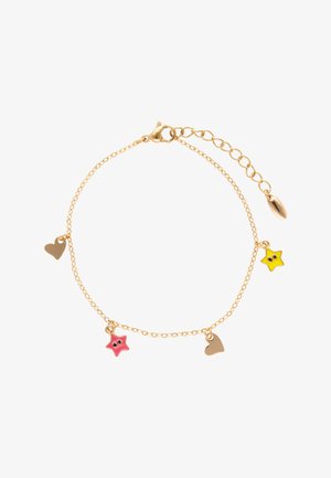 Kultainen ketjurannekoru, jossa vuorottelevat sydän- ja tähtimuotoiset riipukset, yksi punainen tähti ja yksi keltainen tähti, joissa on pienet mustat silmät.