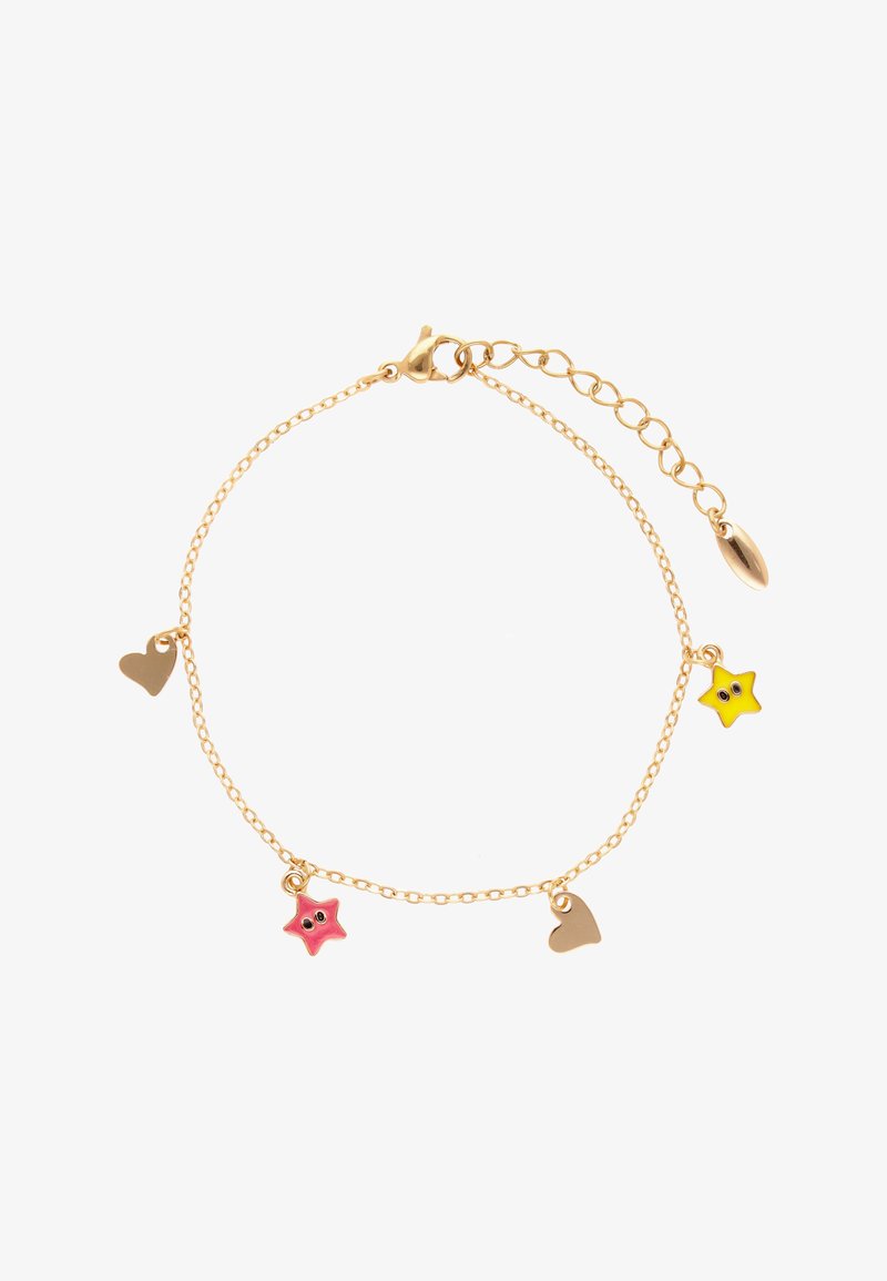 Bransoletka z złotego łańcuszka z naprzemiennie ułożonymi zawieszkami w kształcie serca i gwiazdy, jedna czerwona gwiazda i jedna żółta gwiazda z małymi czarnymi oczkami.