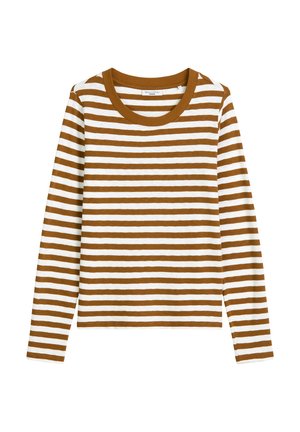 Long-sleeve shirt with a crew neckline, featuring alternating brown and white horizontal stripes, cotton material, and a relaxed fit.