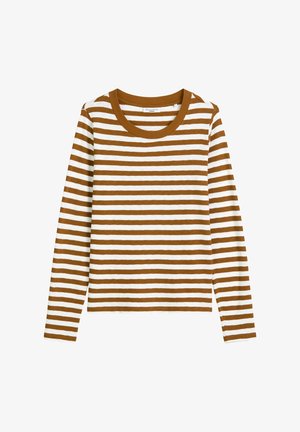 Langarmshirt mit Rundhalsausschnitt, das abwechselnd braune und weiße horizontale Streifen aufweist, aus Baumwollmaterial und in lässiger Passform.
