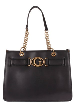 Zwarte leren handtas met gouden kettinghandvatten en een gouden sluiting met verweven "G"-logo aan de voorkant in het midden.