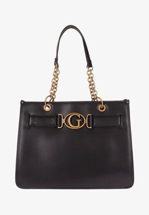 Sort læderhåndtaske med gyldne kædehåndtag og gyldent sammenflettet "G"-logo som spænde foran i midten.