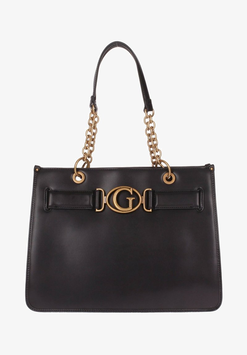 Zwarte leren handtas met gouden kettinghandvatten en een gouden sluiting met verweven "G"-logo aan de voorkant in het midden.