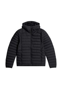 Svart puffjacka med huva, med ett quiltat mönster, dragkedjestängning fram och två sidofickor. Mjuk tygkänsla.