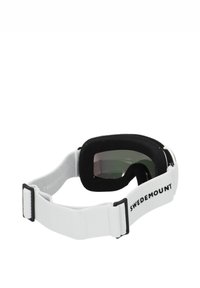 Ski goggles with a white plastic frame, black foam padding, and tinted lenses, featuring a black adjustable strap with 'SWEDEMOUNT' text.