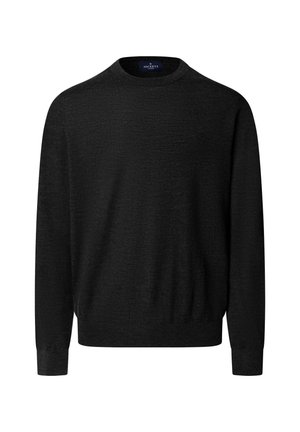 Zwarte, lange mouwen crewneck sweater met een gestructureerde afwerking. Gemaakt van zachte stof, met ribgebreide manchetten en een rechte zoom. Label zichtbaar.
