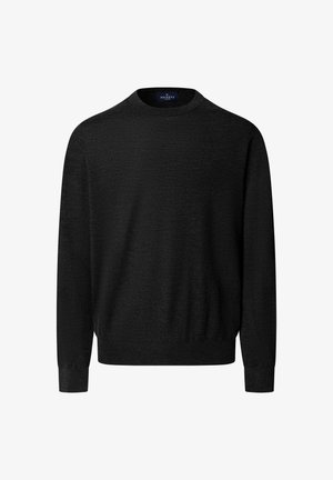 Schwarzer, langärmeliger Rundhalsausschnitt-Pullover mit strukturiertem Finish. Hergestellt aus weichem Material, mit gerippten Bündchen und geradem Saum. Label sichtbar.